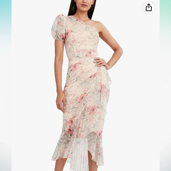 BCBGMAXAZRIA One Sleeve Asymmetrical Ruffle Hem Pink Midi Evening Dress, Size XS - Picture 2 of 7